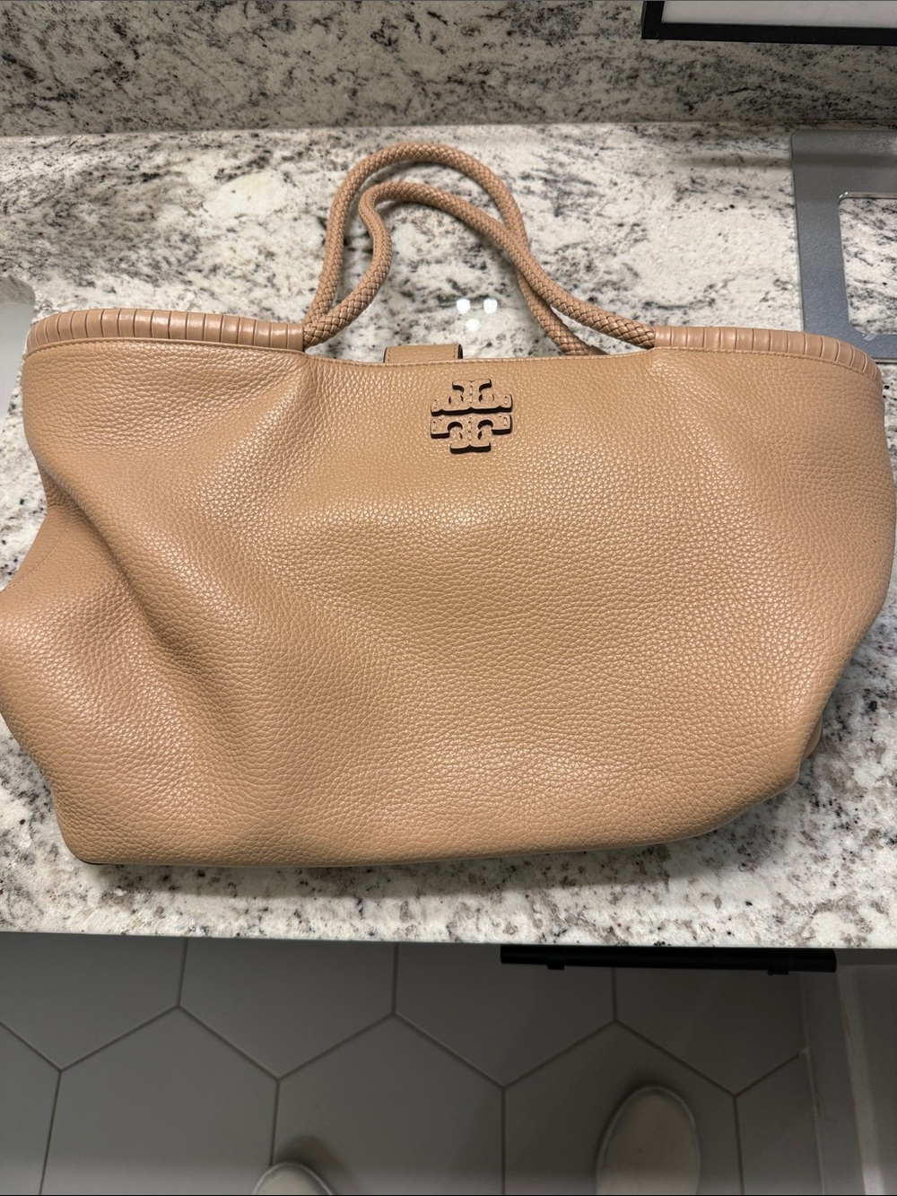 Tory Burch Beige/Tan Pebbled Leather Tote with Braided Handles